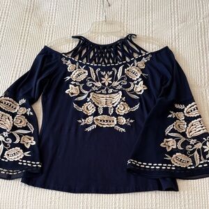 Boston Proper Navy Blouse with Cream Embroidery